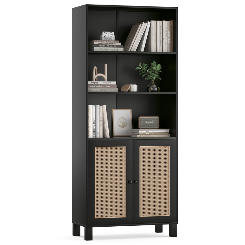 Home Office Library - Black 5-Tier Wood Bookcase with Rattan