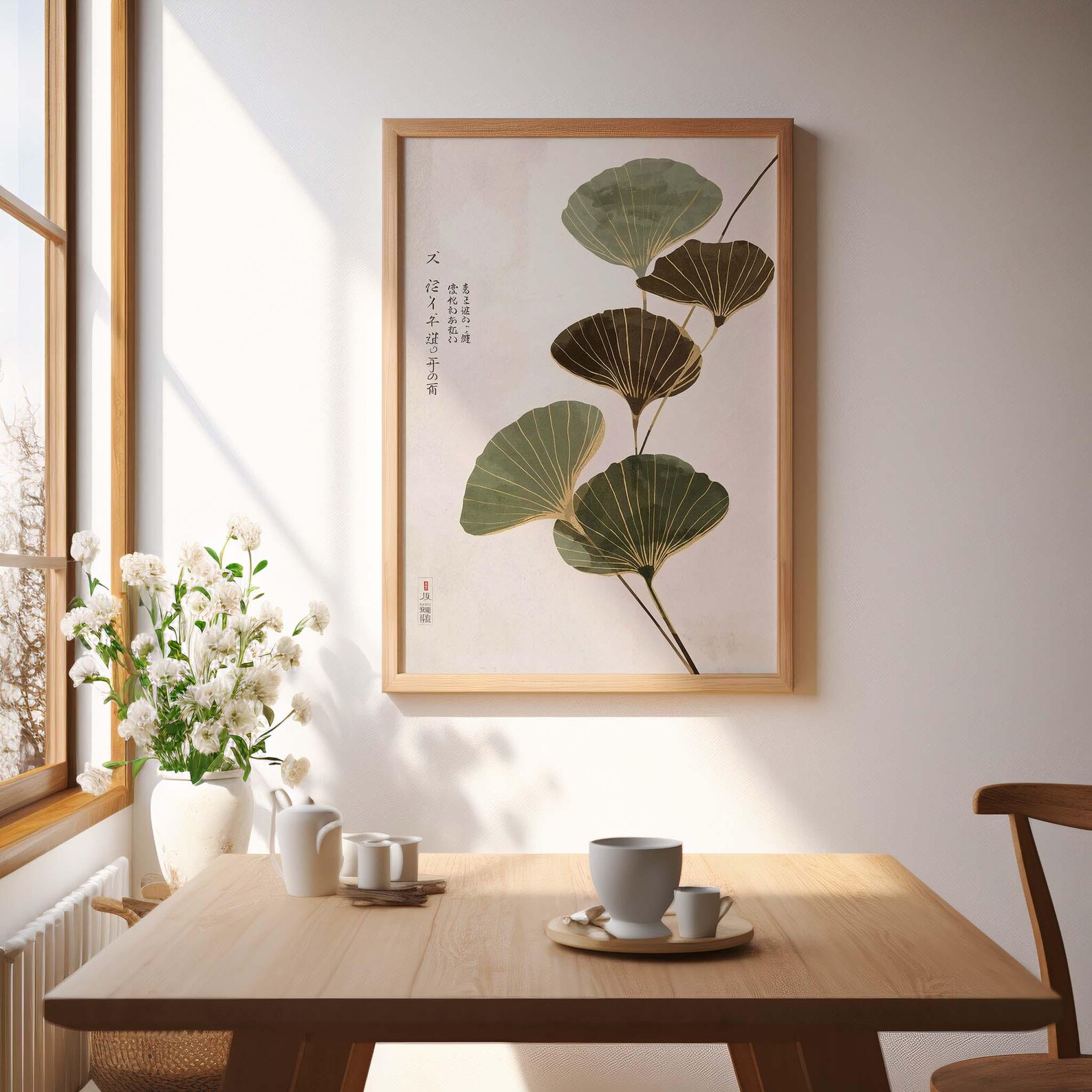 Home Office Japandi - Japandi Neutral Lotus Leaf Canvas Wall