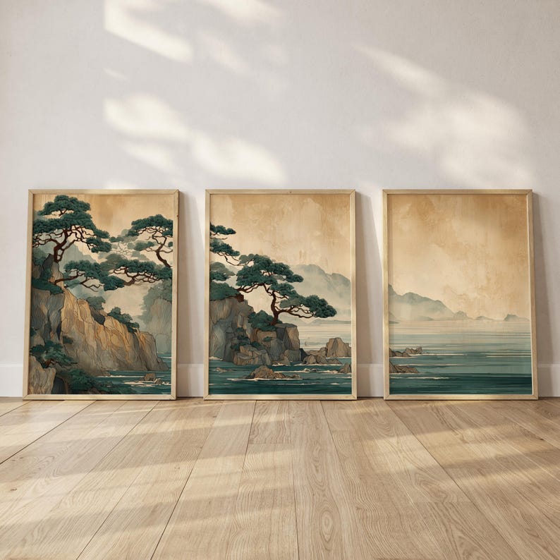 Home Office Japandi - 3pcs Retro Japanese Cliff & Ocean